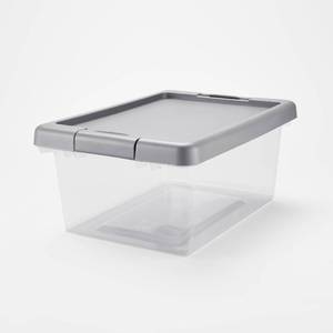 lot 60864 image: Small Latching Clear Storage Box - Brightroom Stackable Plastic Tote with Lid, Built-In Handles, 15L Capacity - Set of 3 Totes