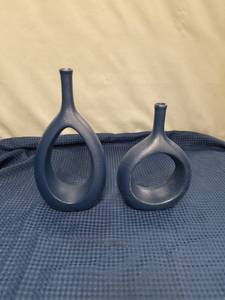 lot 2357 image: Set of 2 Matte Navy Blue Ceramic Cut-Out Vases