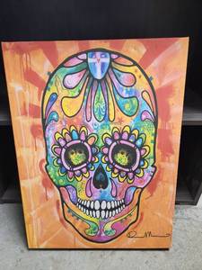 lot 2381 image: Signed Sugar Skull Canvas Wall Art