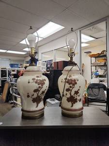 lot 2388 image: Pair of Ceramic Ginger Jar Table Lamps with Cherry Blossom Design