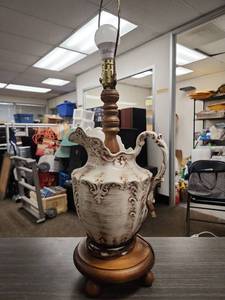 lot 2391 image: Ceramic Pitcher Table Lamp with Wood Base