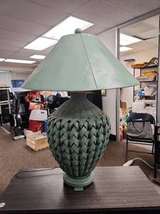 lot 2395 image: Green Woven Rattan Table Lamp with Painted Shade