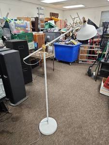 lot 2398 image: White Adjustable Boom Arm Floor Lamp with Gold Hardware