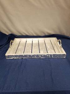 lot 2433 image: Anokho Design Metallic Wood Slatted Serving Tray with Metal Handles