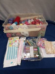 lot 2457 image: Large Mixed Craft Supplies Lot with Mesh Ribbon, Glitter Pens, Beads and More