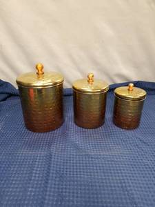 lot 2493 image: Hammered Copper and Brass Kitchen Canister Set of 3
