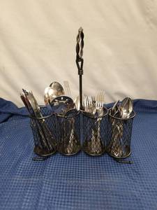lot 2495 image: Black Wire Metal Flatware Caddy with Assorted Stainless Steel Cutlery