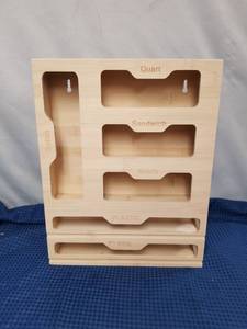 lot 2497 image: Bamboo Kitchen Bag Organizer with Wrap Dispenser No Hardware