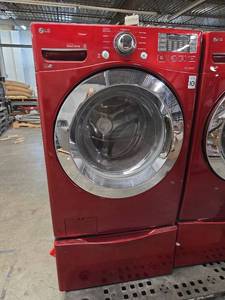 lot 12559 image: LG Front Load Washing Machine with Pedestal in Wild Cherry Red  Model WM3370HRA
