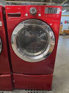 lot 12560 image: LG True Steam Front Load Electric Dryer in Wild Cherry Red with Pedestal  Model DLEX3370R