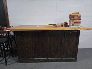 lot 12561 image: Large Wood Top Bar Counter with Casters