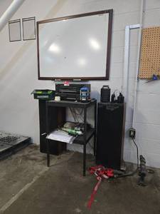 lot 12585 image: Sony Stereo System with Tower Speakers, Whiteboard, Metal Shelf and Misc Tools