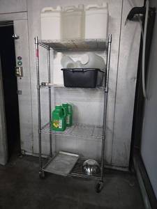 lot 12589 image: 4-Tier Chrome Wire Shelving Unit on Wheels
