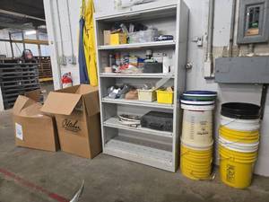 lot 12624 image: Industrial Metal Shelving Unit with Assorted Maintenance Supplies and 5-Gallon Buckets