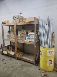 lot 12629 image: Assorted Lot of Commercial Glassware and Galvanized Steel Poles and Shelving
