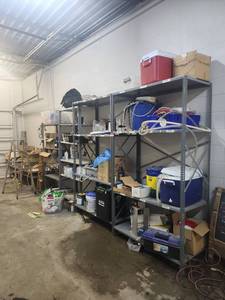 lot 12634 image: Assorted Lot of Shelving, Home Brewing Equipment and Workshop Supply Lot