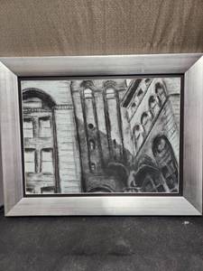 lot 1504 image: Framed Charcoal Drawing of Urban Architecture
