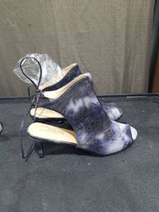 lot 1579 image: Midnight Velvet Womens Denim Open-Toe Heeled Mules with Lace-Up Back Size 11