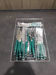 lot 1587 image: Stainless Steel Flatware Set with Green Handles