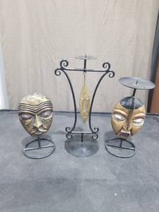 lot 1598 image: African Tribal Mask Sculptures with Wrought Iron Candle Holder Set