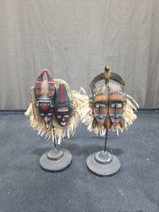 lot 1599 image: African Tribal Mask Figurines on Stands - Set of 2