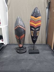 lot 1600 image: Set of 2 African Tribal Mask Sculptures on Stands
