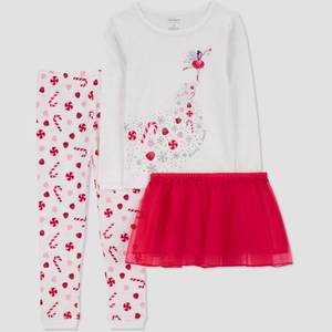 lot 1670 image: Carters Just One You� Toddler Girls 3pc Long Sleeve Christmas Fairy Tutu Pajama Set - RedOff-White 18M