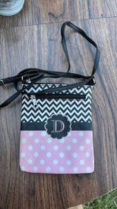 lot 619 image: Monogram Letter D Chevron and Polka Dot Crossbody Bag