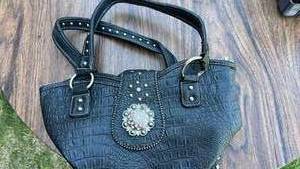lot 620 image: Black Croc-Embossed Western Style Shoulder Bag
