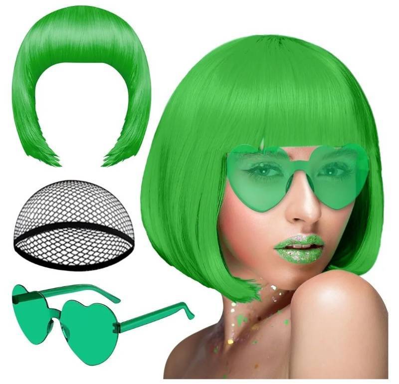 lot 27322 image: Dark Green Bob Wig and Sunglass Set, Neon Short Bob Wig Sunglass Pack Costume Colorful Cosplay Wig Hairpieces for Bachelorette Neon Party Favors, Halloween Decorations - Retail $13