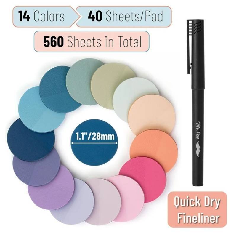 lot 27324 image: Mr. Pen- Round Transparent Sticky Notes, 1.1 Diameter, 14 Pads, 560 Sheets, Colorful, Water-Resistant See-Through Sticky Notes & Fineliner, Smooth Writing, Note Tabs for Bible Journaling, Studying - Retail $6