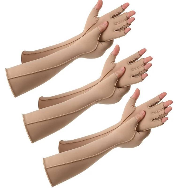 lot 27359 image: 3 Pairs Arthritis Compression Gloves for Women and Men Carpal Tunnel Pain Relief, Rheumatoid, Swelling Tendonitis(Extended,Nude) - Retail $19
