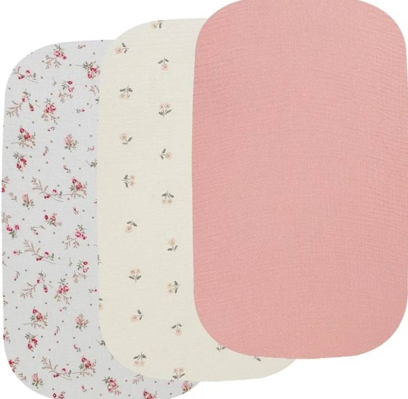 lot 27376 image: Muslin Bassinet Sheets 3 Pack, 100% Cotton Baby Fitted Sheet 33 x 19 Compatible with Mika Micky, KoolaBaby (3 in 1), BabyBond, HARPPA and RICUTON Bedside Bassinet, Solid Pink and Floral - Retail $29