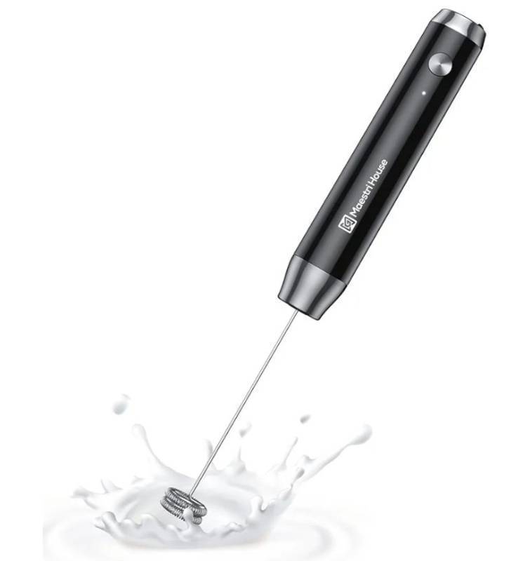 lot 27387 image: Maestri House Rechargeable Milk Frother, LunaFro NS Handheld Electric Foam Maker Waterproof Detachable Stainless Steel Whisk Drink Mixer Foamer for Lattes, Cappuccino, No Stand, black - Retail $20