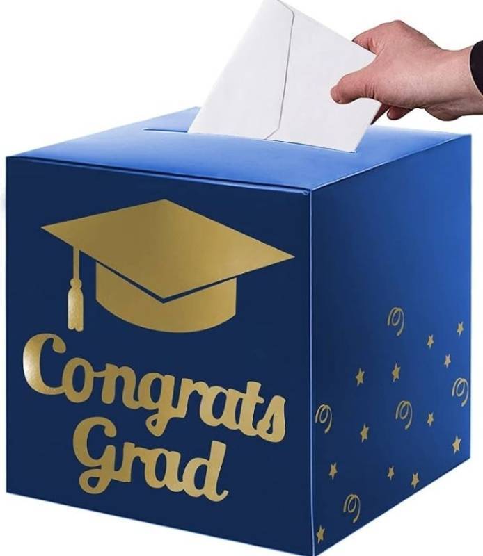 lot 27428 image: Graduation Card Box Holder, Congrats Grad Foldable Cardboard Decorations Box for Graduation Party Decoration and Grad Parties (Blue) - Retail $9