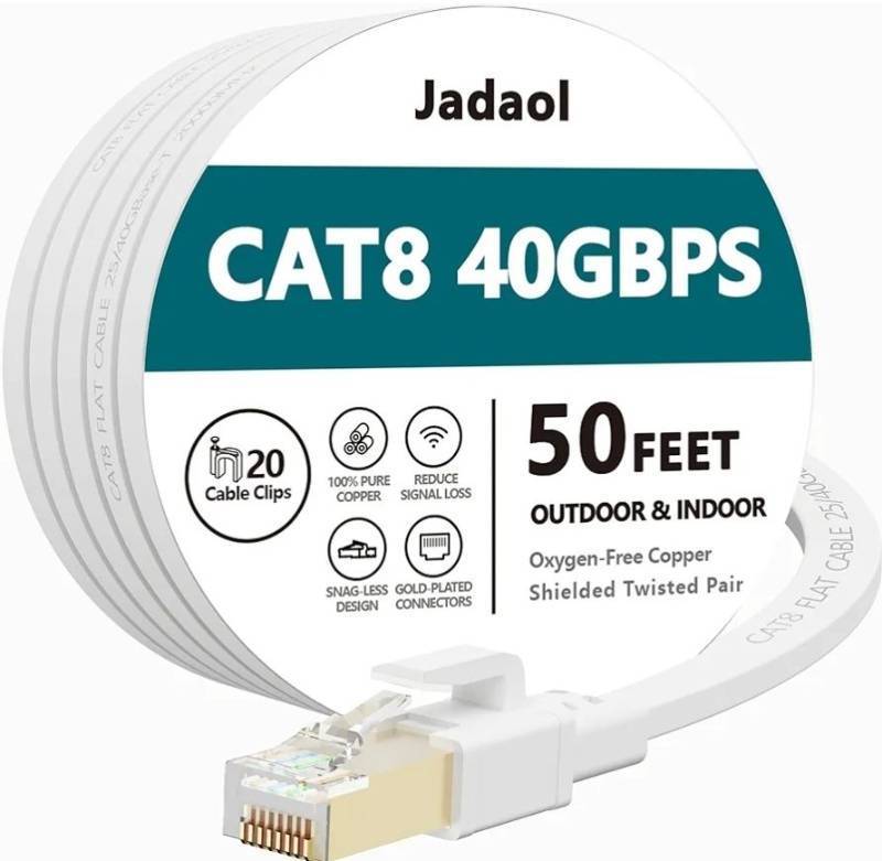 lot 27435 image: Cat 8 Ethernet Cable 50 ft, 40Gbps 2000MHz Flat RJ45 SFTP LAN Patch Cable, High-Speed Cat8 Network Cable for Router, Modem, Switch, Gaming Consoles, PC, Home Network & Streaming Devices, White - Retail $26
