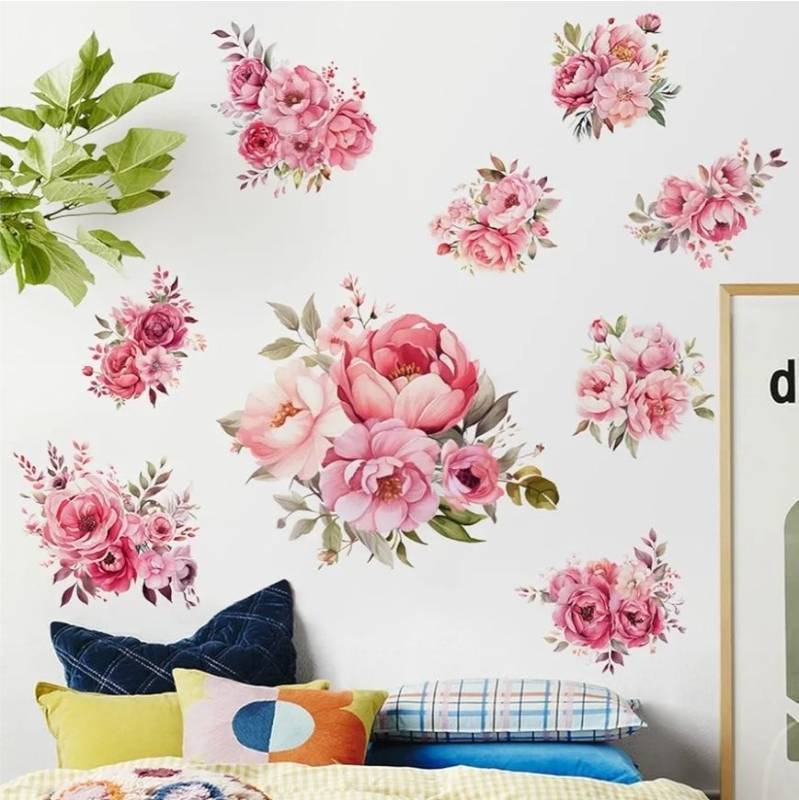 lot 27454 image: Pink Peony Flower Wall Decals Peel and Stick Rose Leaf Botanical Wall Stickers Removable Vinyl Wall Decor for Girls Room Bedroom Living Room Bathroom KSY-345 - Retail $10