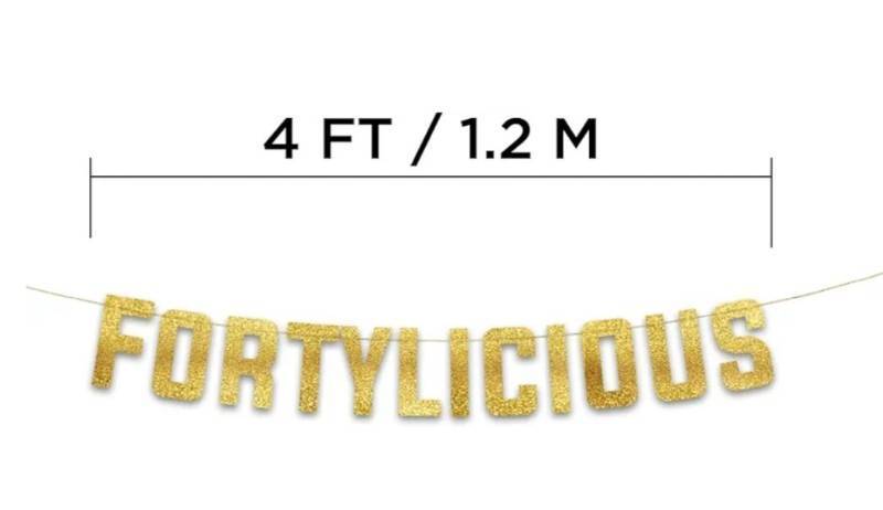 lot 27469 image: Pre-Strung Fortylicious Gold Glitter Banner - Funny 40th Birthday and Anniversary Decorations for Men and Women - Party Supplies and Gifts - Retail $8