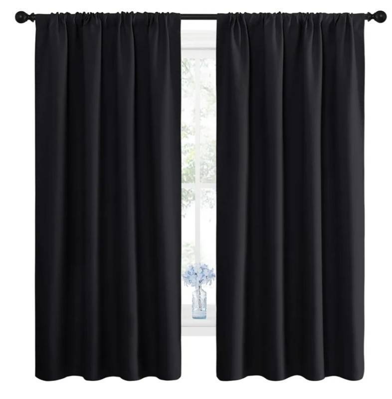 lot 27490 image: Black Blackout Curtain Blinds - Solid Thermal Insulated Window Treatment Blackout DrapesDraperies for Bedroom (2 Panels, 42 inches Wide by 63 inches Long, Black) - Retail $12
