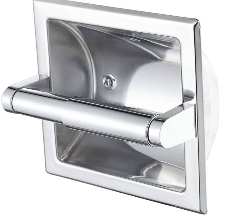 lot 27497 image: Recessed Toilet Paper Holder in Wall Insert Tissue Mount Toliets Toulet Mounted for Mega Rolls Bathroom Space Saving Design Brushed Silver - Retail $15