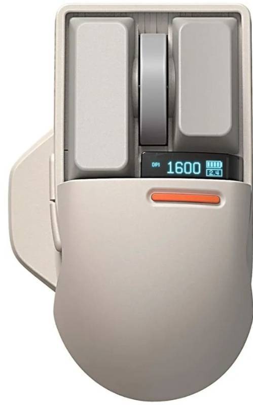 lot 27514 image: Touch PBT Wireless Mouse with USB Receiver, Bluetooth, Wired Connection, Rechargeable, 4000 DPI with OLED Screen Compatible with Glass Surface for Mac Windows PC NotebookBlock Retro Grey - Retail $65