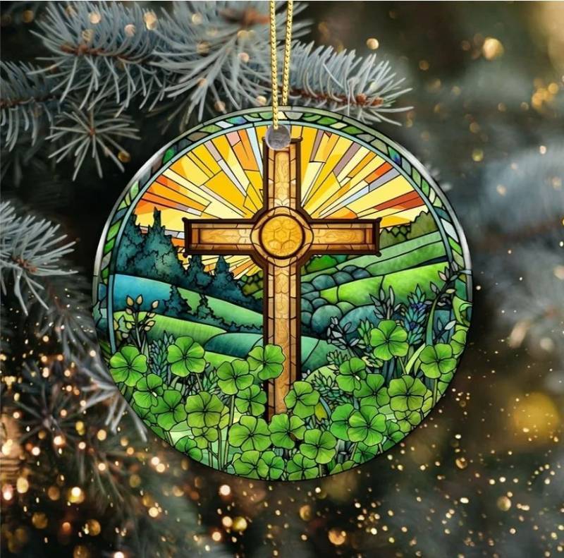 lot 27526 image: Irish Celtic Cross Ornament �� Stained Glass Shamrock Christian Ornament, St. Patrick��s Day Religious Tree Decoration, Faith-Inspired Irish Wall or Christmas Hanging Decor - Retail $8