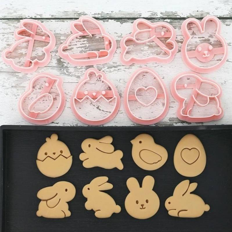 lot 27529 image: 8pcs Mini Easter Cookie Cutters, Bunny, Egg & Chick Shapes, One-Touch Raised Design Easter Cookie Stamps for DIY Baking, Decorating, and Party Fun - Retail $10
