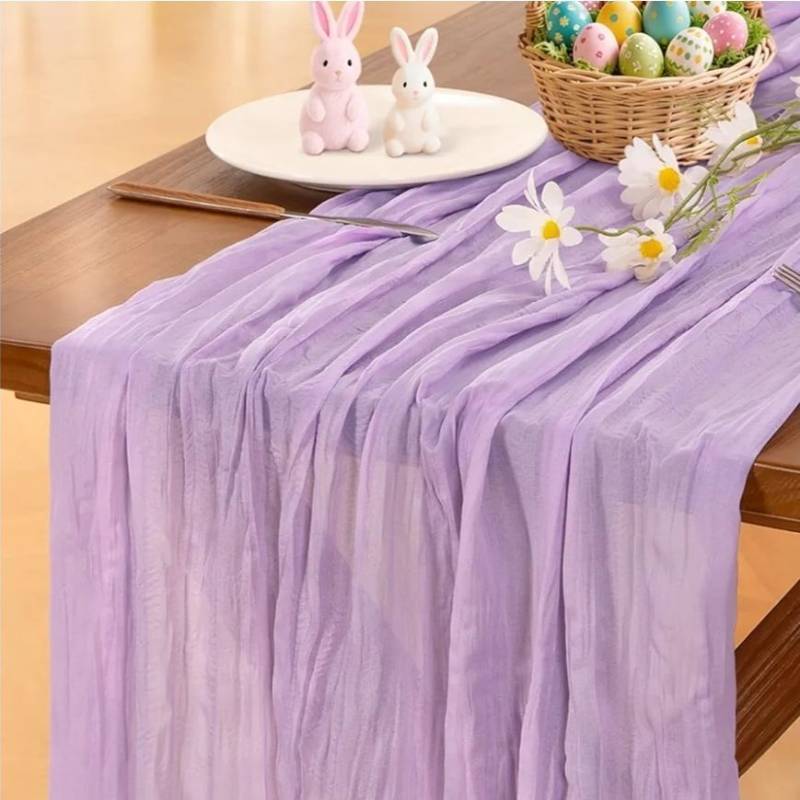 lot 27538 image: Lilac Purple Lavender Cheesecloth Table Runner Summer Boho Rustic Gauze 120 inch 10FT Cheese Cloth Sheer Runner for Wedding Party Baby Shower Birthday Home Decor Holiday Decorations - Retail $9