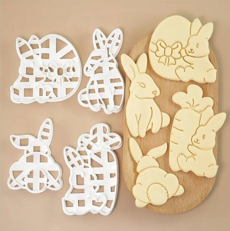 lot 27539 image: 4pcs Large Easter Bunny Cookie Cutters, Easy-Press 3D Rabbit Molds, Raised Cookie Stamps for Holiday Baking, DIY Crafts & Decorating Fun (Bunny) - Retail $10