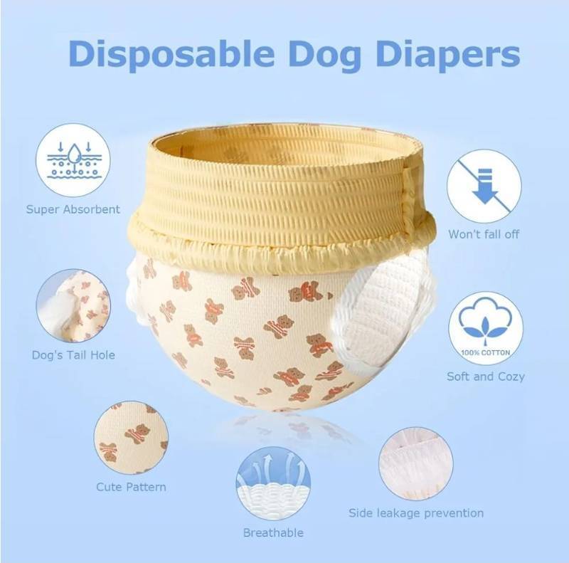 lot 27542 image: Dog Diapers Female, Disposable Diapers for Female Dog with Stretchy Waist, Pull Up Puppy Wraps for Doggie in Heat Period Super Absorbent Leak-Proof Doggy Diaper for Dogs 10PCS (S) - Retail $14