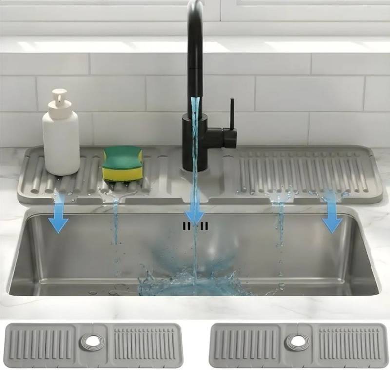 lot 27546 image: Silicone Faucet Mat for Kitchen Sink Splash Guard, 2-Piece Set �� Each (15 � 4.5 in) �� 5° Slope Fast Draining Water Guard �� Universal Fit for 3.5��6 cm Faucets �� Counter Protection, Grey - Retail $12