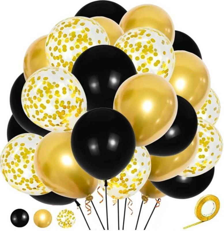 lot 27567 image: Black and Gold Balloons Kit, 12 Inches Metallic Gold Balloons Confetti Balloon and Black Balloons with Ribbon for Graduation Decorations.30Pcs - Retail $6
