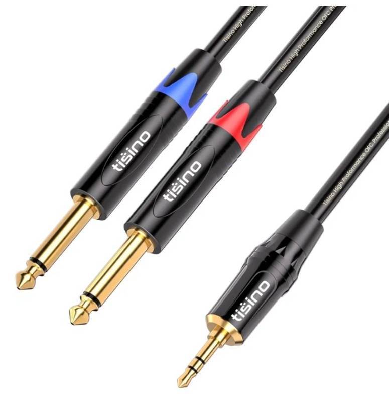 lot 27598 image: 18 to 14 Stereo Cable, 18 Inch TRS Stereo to Dual 14 inch TS Mono Y-Splitter Cable 3.5mm Aux Mini Jack to Jack Breakout Cord for Smartphone, CD Player, Speakers, Amplifier - 3.3 feet - Retail $13