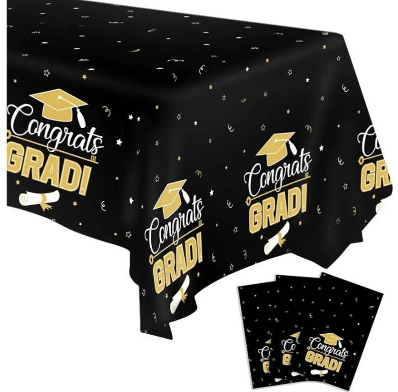 lot 27606 image: 3 Pieces Graduation Tablecloth, 2026 Graduation Party Decorations, Large Size Plastic Tablecloth 108 x 54 (Black and Gold) - Retail $8